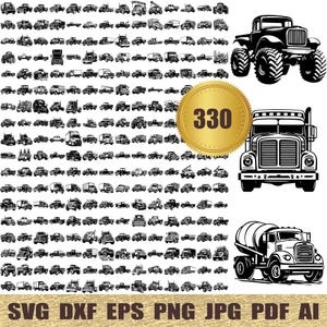 Peut inclure: Une collection de 330 graphiques vectoriels de camions et de véhicules en noir et blanc. Comprend un monster truck, un semi-remorque et une bétonnière. Le texte "SVG DXF EPS PNG JPG PDF AI" est également présent.