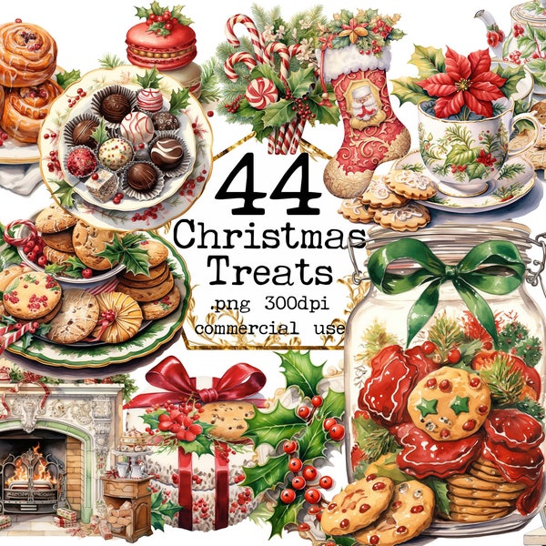 Christmas Treats Clipart Bundle Cake PNG Tea Kettle  Pie Cookie Mistletoe Cookie Box Vase Christmas Elements Junk Journal Scrapbooking