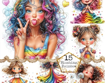 Bundle de cliparts aquarelle jolie fille originale filles lunatiques fille arc-en-ciel des cliparts téléchargement immédiat papier artisanat indésirable journal Scrapbooking