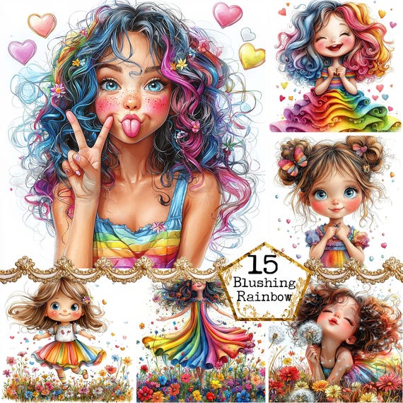 JPEG Watercolor Cute Quirky Girl Clipart Bundle Whimsical Girls Rainbow Girl Clipart Instant Download Paper Crafts Junk Journal Scrapbooking