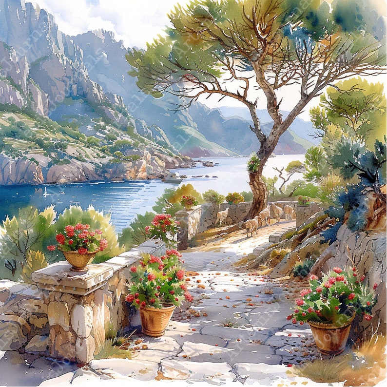 May include: A watercolor painting of a stone path leading to a bay with mountains in the background. The path is lined with potted red flowers and a large tree with green leaves.