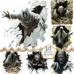Pacote de clipart de monstros JPEG saindo de uma rachadura na parede Clipart de terror Clipart de zumbi Download instantâneo Papel Artesanal Diário de sucata Scrapbooking