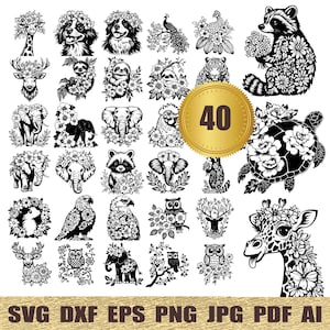 Op de afbeelding: Een set van 40 zwart-witte SVG-snijbestanden met verschillende dier- en bloemenontwerpen. De ontwerpen omvatten een giraffe, een schildpad, een wasbeer, een luiaard, een olifant, een pauw, een hert, een vogel en meer.
