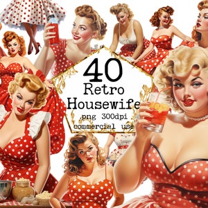Paquete PNG de imágenes prediseñadas de ama de casa retro, PNG transparente de los años 50, vestido de lunares rojos, cocina, álbum de recortes, manualidades de papel de diario basura uso comercial