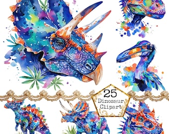 Watercolor Dinosaur Clipart Bundle - Colorful Illustrations Animal Nursery Boy Arts Tyrannosaurus rex (JPEG + PNG Digital download)