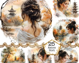 Watercolor Japanese Geisha Set Clipart JPEG, Geisha Poster JPEG Sublimation Design Instant Download Paper Crafts Junk Journal Scrapbooking