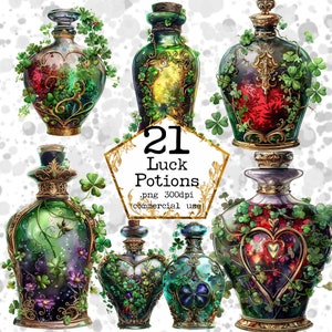 Lot de potions de chance Clipart aquarelle cliparts St Patrick à usage commercial Téléchargement instantané artisanat en papier Junk Journal Scrapbooking