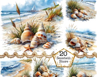 JPEG Watercolor Seashell on the Beach Clipart Bundle Overgrown Beach Summer Clipart Instant Download Paper Crafts Junk Journal Scrapbooking