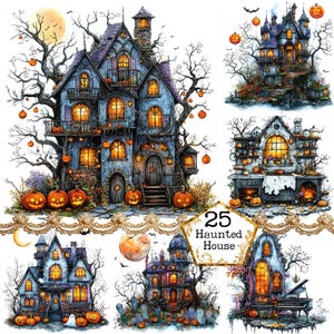 JPEG Watercolor Haunted House Clipart Bundle Halloween Clipart Spooky Clipart Instant Download Paper Crafts Junk Journal Scrapbooking