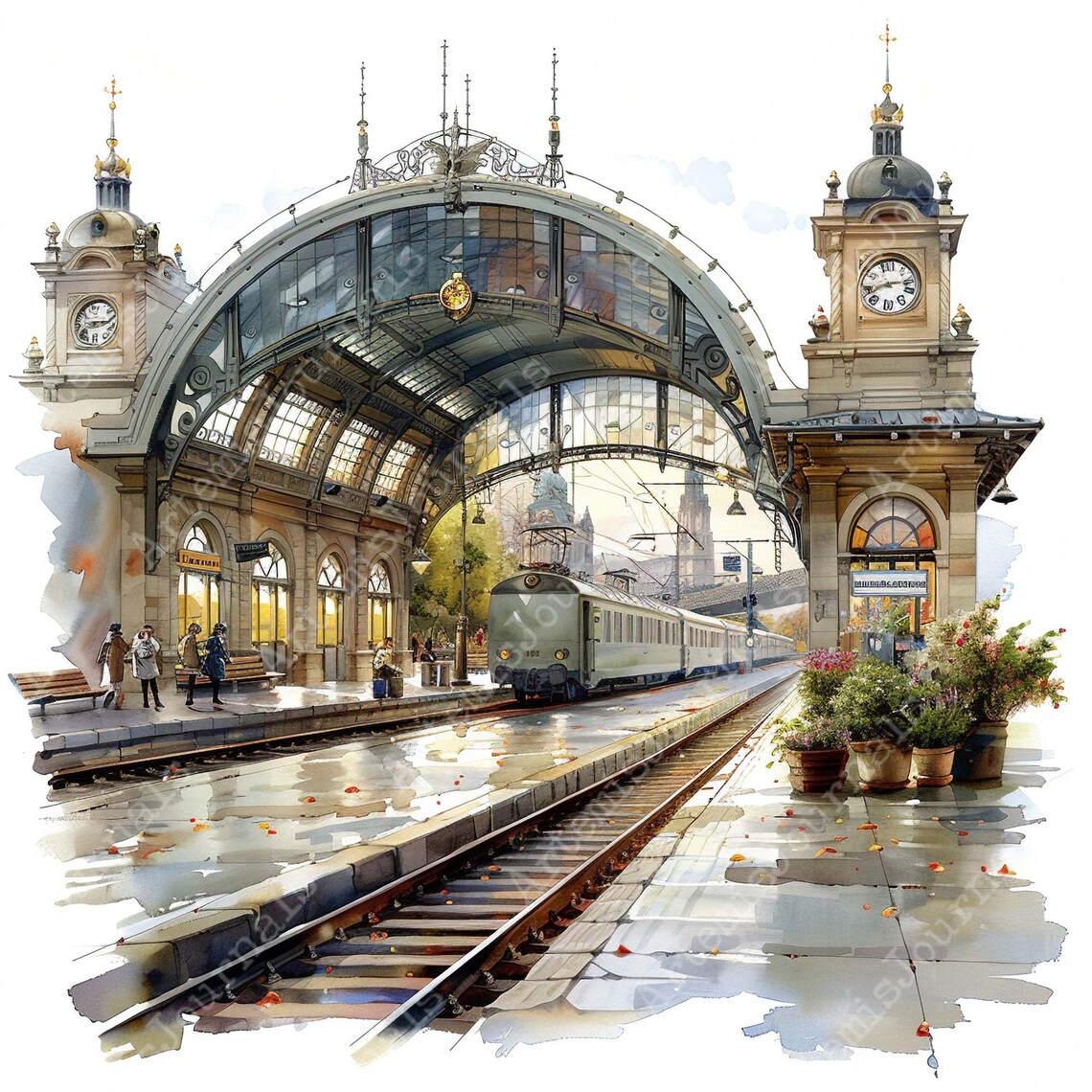 JPEG Watercolor Vintage Train Station Clipart Bundle JPEG Commercial 