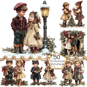 PNG + JPEG Vintage Christmas Children Clipart Bundle Vintage Child Christmas Tree Instant Download Paper Crafts Junk Journal Scrapbooking