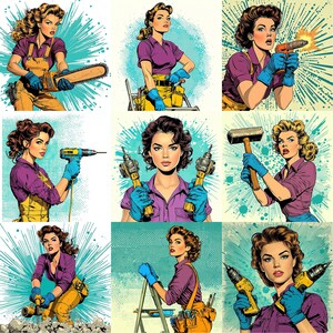 May include: Nine illustrations of women in various poses, each holding a different tool. The tools include a chainsaw, a ladder, a hammer, a drill, and a screwdriver. The women are all wearing casual clothing and have a determined look on their faces.