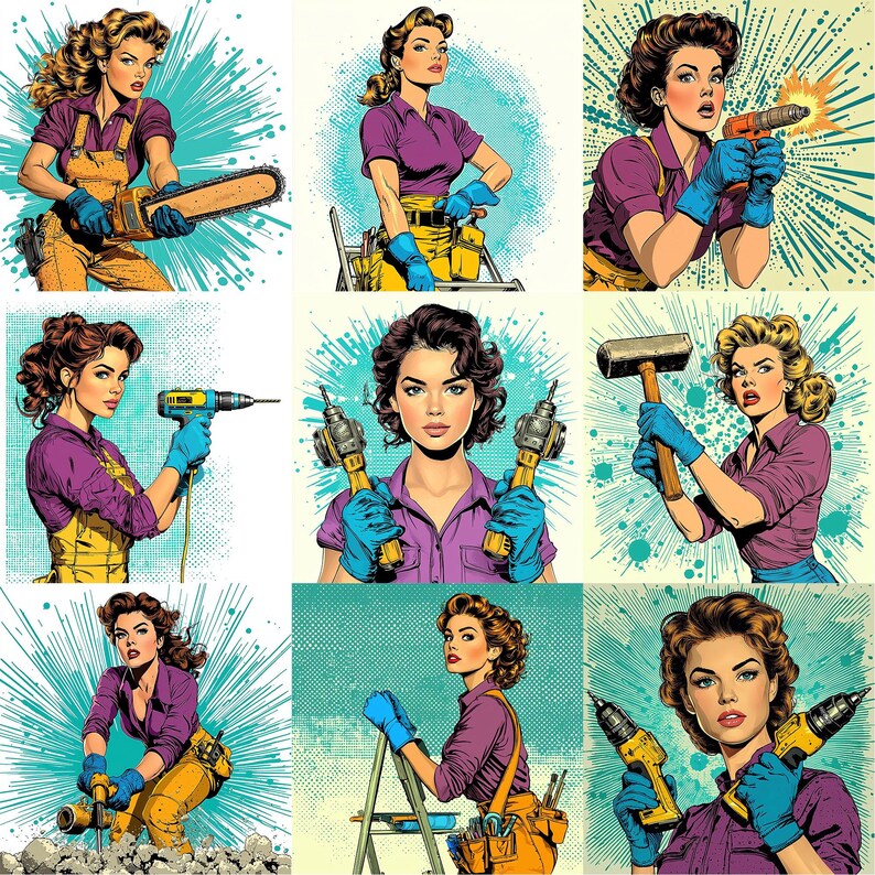 May include: Nine illustrations of women in various poses, each holding a different tool. The tools include a chainsaw, a ladder, a hammer, a drill, and a screwdriver. The women are all wearing casual clothing and have a determined look on their faces.