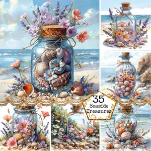 May include: A collage of six images featuring glass jars filled with seashells and flowers. The jars are decorated with cork lids and twine. The background of each image is a beach scene with sand, water, and sky. The text "35 Seaside Treasures" is displayed in the center of the collage.