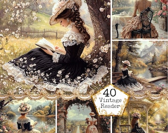 JPEG Viktorianischen Buchliebhaber Clipart Shabby Chic Dame in einem Park Hintergründe Vintage Sofort-Download Papier Handwerk Junk Journal Scrapbooking