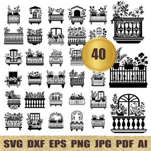 May include: A set of 40 black and white silhouette SVG cut files of different balcony designs. The balconies feature various styles of railings, windows, and plants.