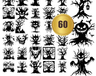 May include: A set of 60 black and white spooky tree SVG cut files. The trees have different facial expressions and features, including a pumpkin, a lantern, and a skull.