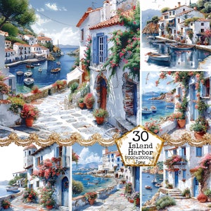 Vecchio villaggio greco porto ricoperto di fiori Clipart Bundle Europeo Clipart JPEG Download istantaneo Artigianato di carta Junk Journal Scrapbooking
