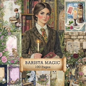 May include: A digital collage featuring a woman holding a candle and a book, with the text "BARISTA MAGIC 190 Pages" on a scroll. The image has a vintage aesthetic with floral and book elements, and a rabbit.