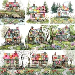 May include: A watercolor illustration of ten colorful patchwork houses with green roofs and gardens. The houses are surrounded by flowers and trees.