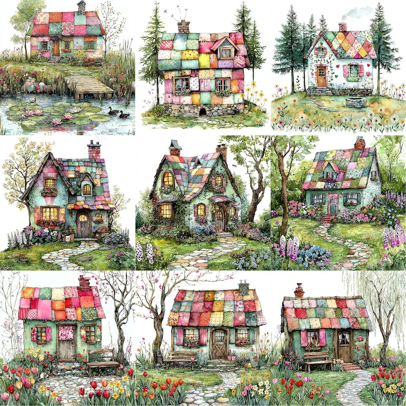 May include: A watercolor illustration of ten colorful patchwork houses with green roofs and gardens. The houses are surrounded by flowers and trees.