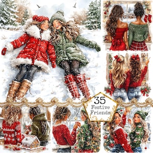 Paquete de imágenes prediseñadas de mejores amigos de Navidad con acuarela JPEG, imágenes prediseñadas de amistad de mejores amigos, descarga instantánea, manualidades con papel, diario basura, álbumes de recortes