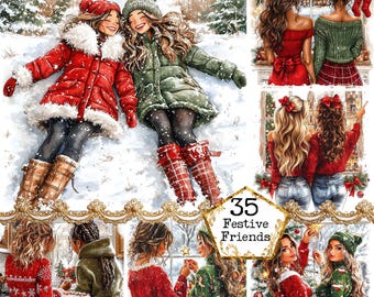 JPEG Watercolor Christmas Best Friends Clipart Bundle Besties Friendship Clipart Instant Download Paper Crafts Junk Journal Scrapbooking
