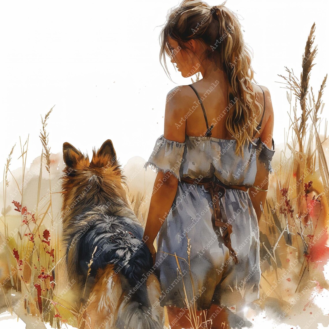 Watercolor Girl and Dog on a Field JPEG Nature Clipart Cowboy Boots ...