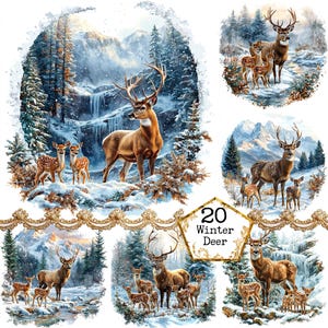 JPEG Madre Cervo e Foresta di Montagna Invernale Clipart Bundle Sfondi Stampabili Download Istantaneo Artigianato di Carta Diario di Scartoffie Scrapbooking