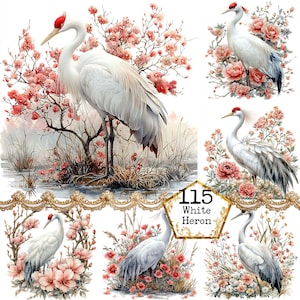 JPEG Watercolor Floral White Heron Clipart Bundle Wild Life Clipart Bird Clipart Instant Download Paper Crafts Junk Journal Scrapbooking