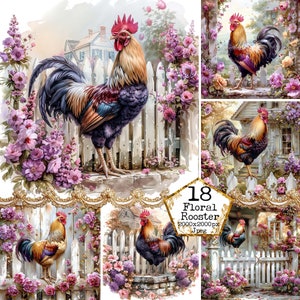 PNG Watercolor rooster JPEG, Farm animals Cockerel illustration Sublimation Design Instant Download Paper Crafts Junk Journal Scrapbooking