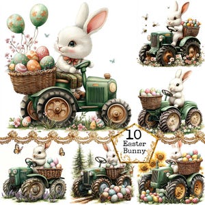 Lapin de Pâques aquarelle JPEG sur tracteur Clipart Bundle Lapin mignon Clipart printemps Art Téléchargement instantané Paper Craft Junk Journal Scrapbooking