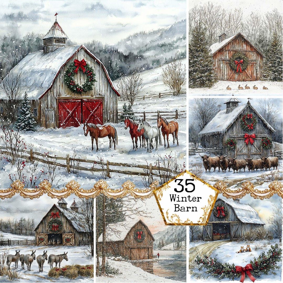 JPEG Watercolor Winter Countryside Barn Christmas Cottagecore Village ...