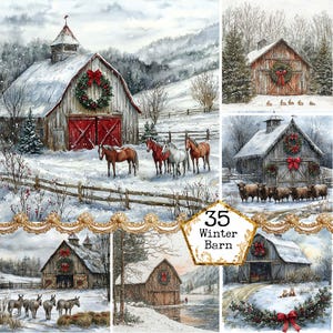 JPEG aquarelle hiver campagne grange Noël Cottagecore village usage commercial téléchargement immédiat papier artisanat indésirable journal scrapbooking