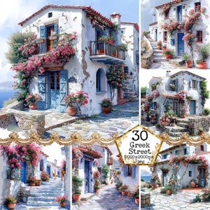 JPEG Vieux village grec envahi par la végétation, Clipart Bundle Clipart européen JPEG Téléchargement instantané Papier Artisanat indésirable Journal Scrapbooking