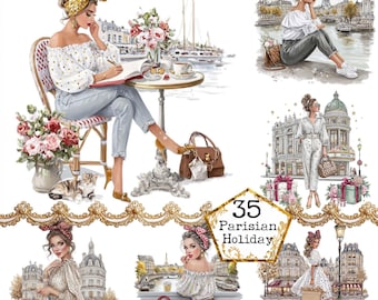 Girl in Paris - Watercolor JPEG Clipart Bundle Instant Download Paper Crafts Junk Journal Scrapbooking