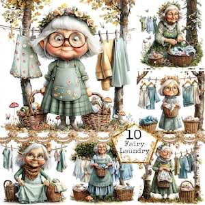 JPEG Fairy Senior Lady Doing Laundry Clipart Granny Clipart Washing House Shores Instant Download Paper Craft Junk Journal Scrapbooking