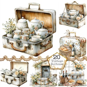 JPEG aquarela vintage piquenique mala clipart pacote vintage piquenique chá hora clipart download instantâneo papel artesanato lixo diário scrapbooking