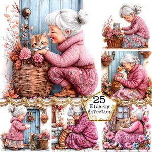 Paquete de imágenes prediseñadas de abuela linda con gato en acuarela JPEG. Arte divertido de abuelas mejores amigas. Descarga instantánea. Manualidades de papel. Diario basura. Scrapbooking.