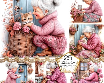JPEG Watercolor Cute Granny with a Cat Clipart Bundle Funny Granny Best Friends Art Instant Download Paper Crafts Junk Journal Scrapbooking