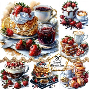 Paquete de imágenes prediseñadas de desayuno dulce con acuarela JPEG, imágenes prediseñadas de café, imágenes prediseñadas de croissant, descarga instantánea, manualidades con papel, diario basura, álbumes de recortes