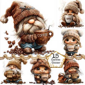 Paquete de imágenes prediseñadas de gnomo de café con gorro de punto, imágenes prediseñadas de café matutino, sublimación, descarga instantánea, manualidades con papel, diario basura, álbumes de recortes