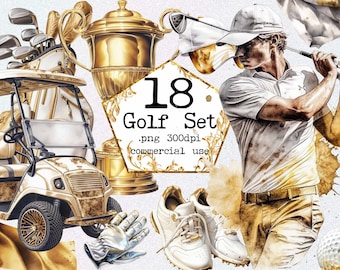 Golf Watercolor Bundle sport art set ball scrapbooking png graphics watercolour illustration clip art glove car stick golfer commercial use
