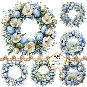 PNG + JPEG Watercolor Easter Wreath Clipart Bundle Easter Egg Spring ...