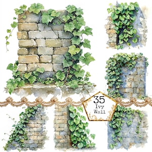 Paquete de imágenes prediseñadas de pared de piedra con hiedra en acuarela JPEG Fondos de acuarela Descarga instantánea Manualidades en papel Diario basura Scrapbooking