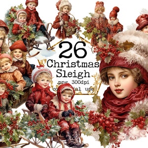 PNG Pacchetto di clipart per bambini con slitta di Natale retrò in acquerello PNG Pacchetto di clipart per bambini Holly Jolly Kids Artigianato in carta Junk Journal Scrapbooking