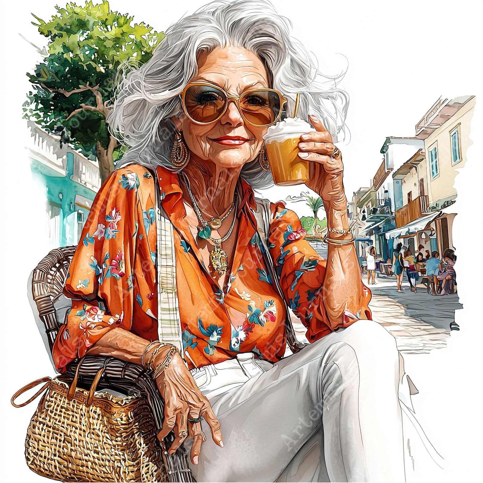 JPEG Watercolor Elderly Lady on Holliday Clipart Bundle Drinking Coffee ...