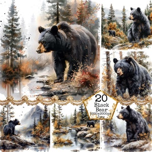Orso e foresta di montagna Pacchetto Clipart JPEG Uso commerciale Sfondi stampabili Download istantaneo Artigianato di carta Junk Journal Scrapbooking