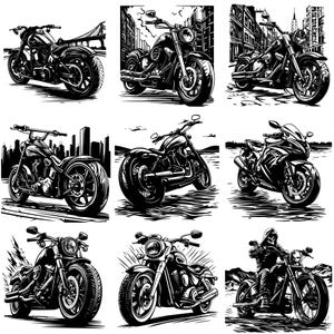 May include: A collection of nine black and white illustrations of motorcycles. Each motorcycle is depicted in a different pose and setting, showcasing various styles and designs.