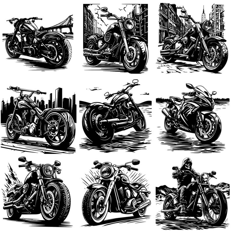 May include: A collection of nine black and white illustrations of motorcycles. Each motorcycle is depicted in a different pose and setting, showcasing various styles and designs.